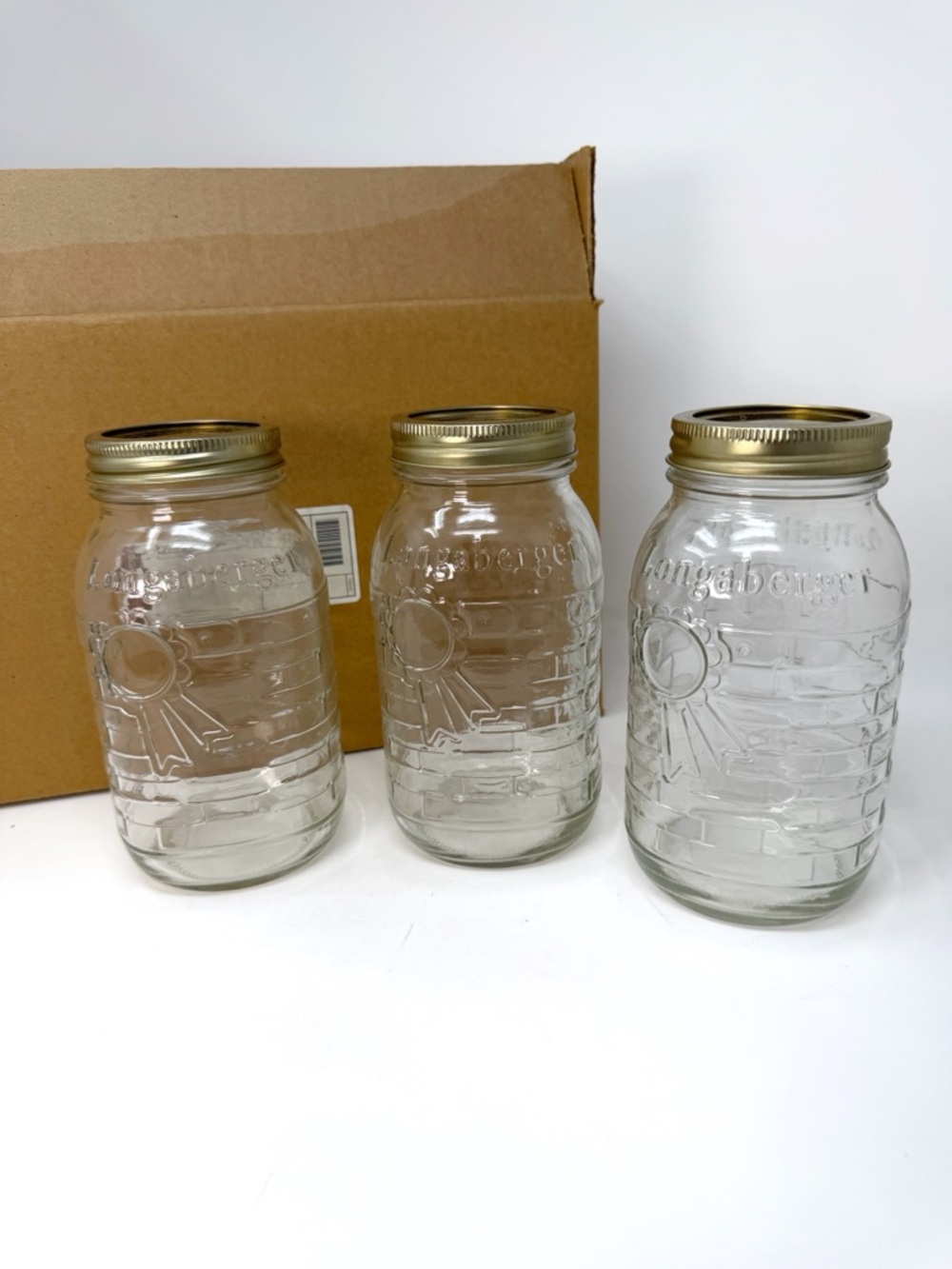 NEW Longaberger Blue Ribbon Quart Canning Jars Set 3 Glass USA w Lids Box - Picture 3 of 9